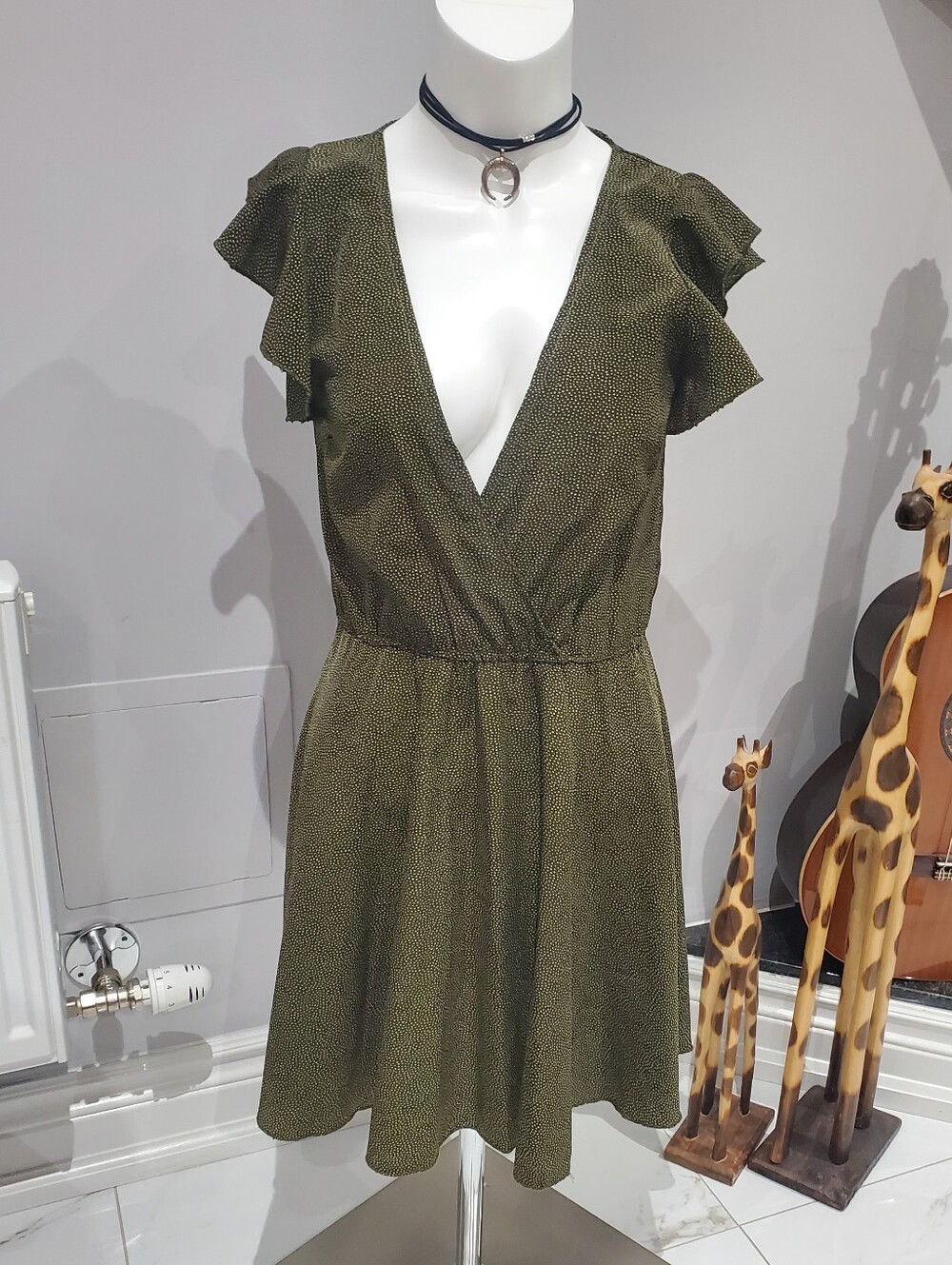 Vintage VM Olive Green V-Neck Flutter Sleeve Dress